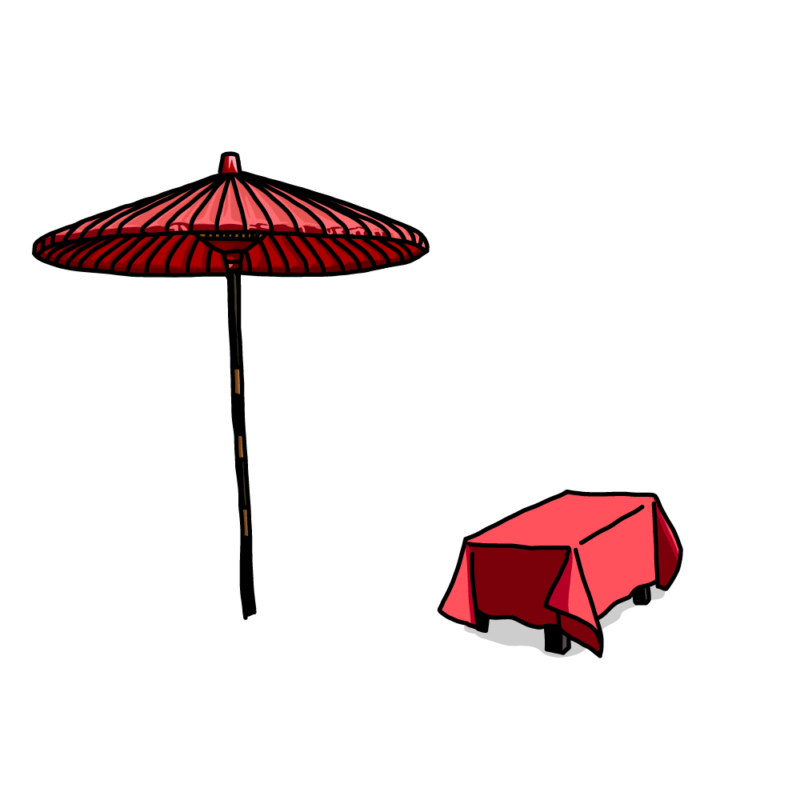 茶屋の傘バラ